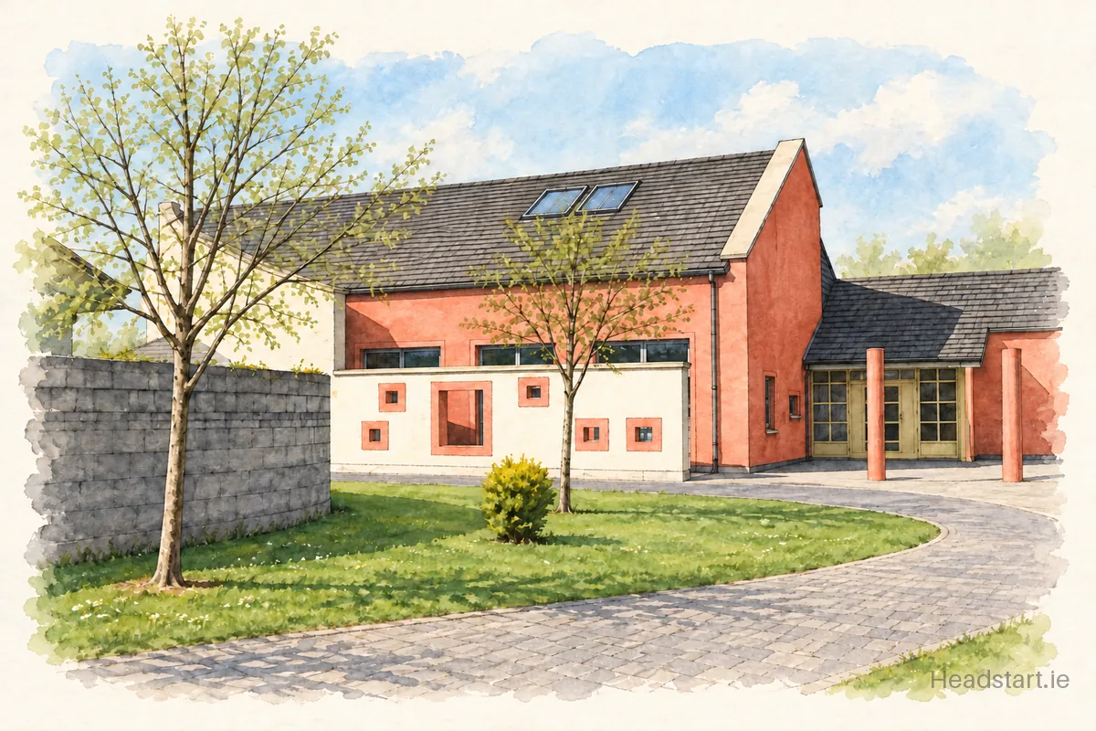 Watercolour illustration of the Scoil Teampall Toinne building, Cahir