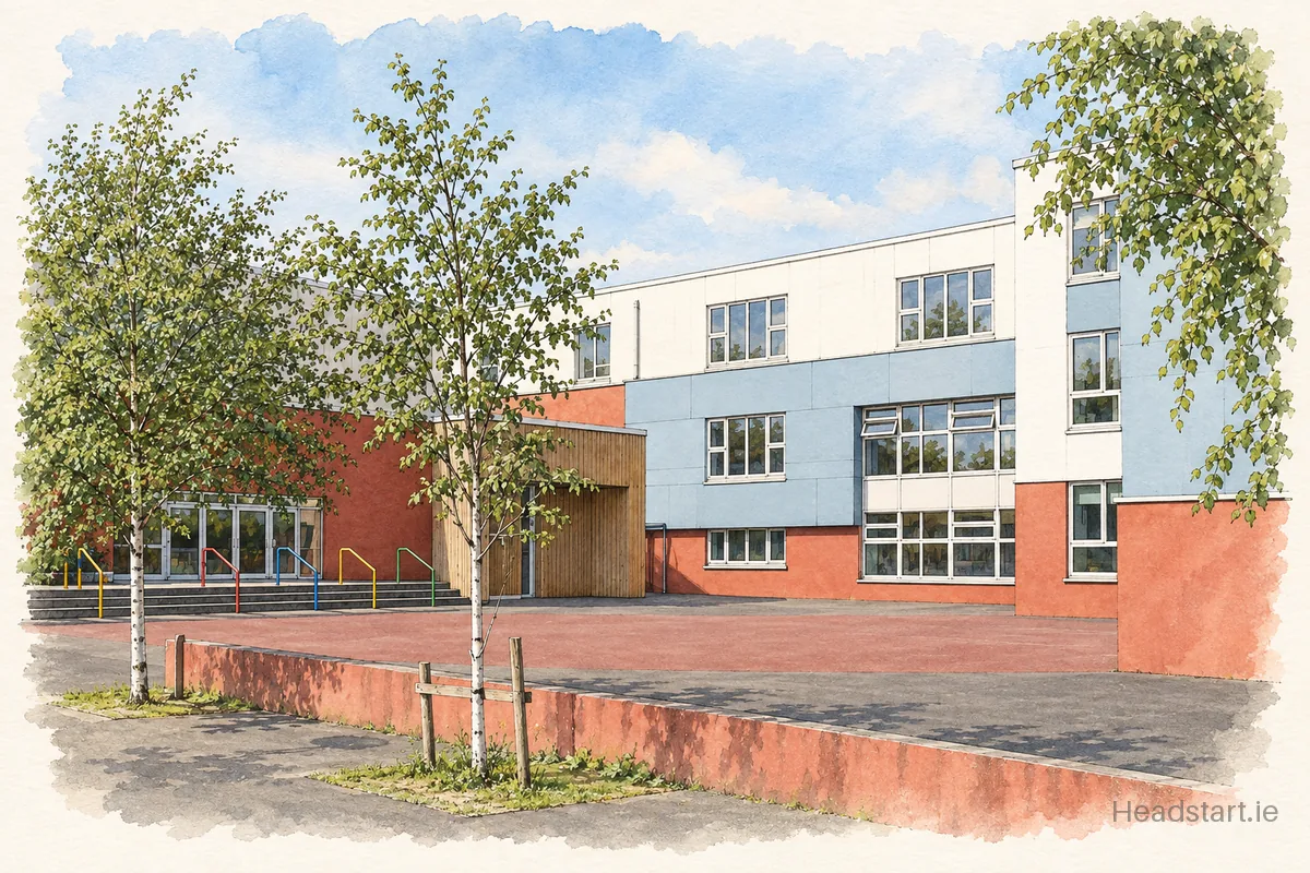 Watercolour illustration of the Mary Mother Of Hope Senior National School building, Castaheany