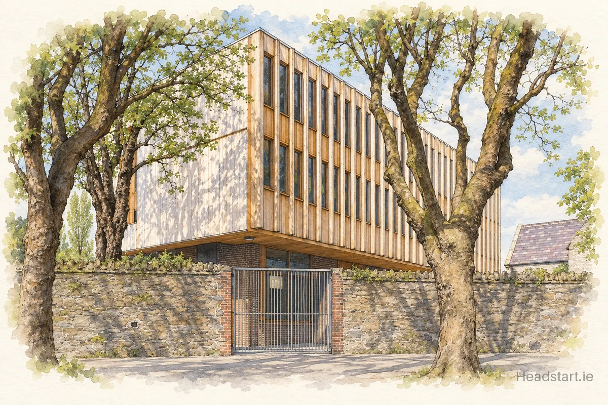 Watercolour illustration of the Inchicore National School building, Inchicore
