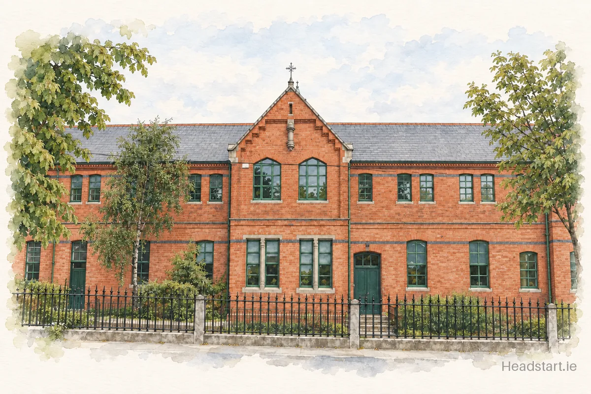 Watercolour illustration of the The Harold School building, Sandycove