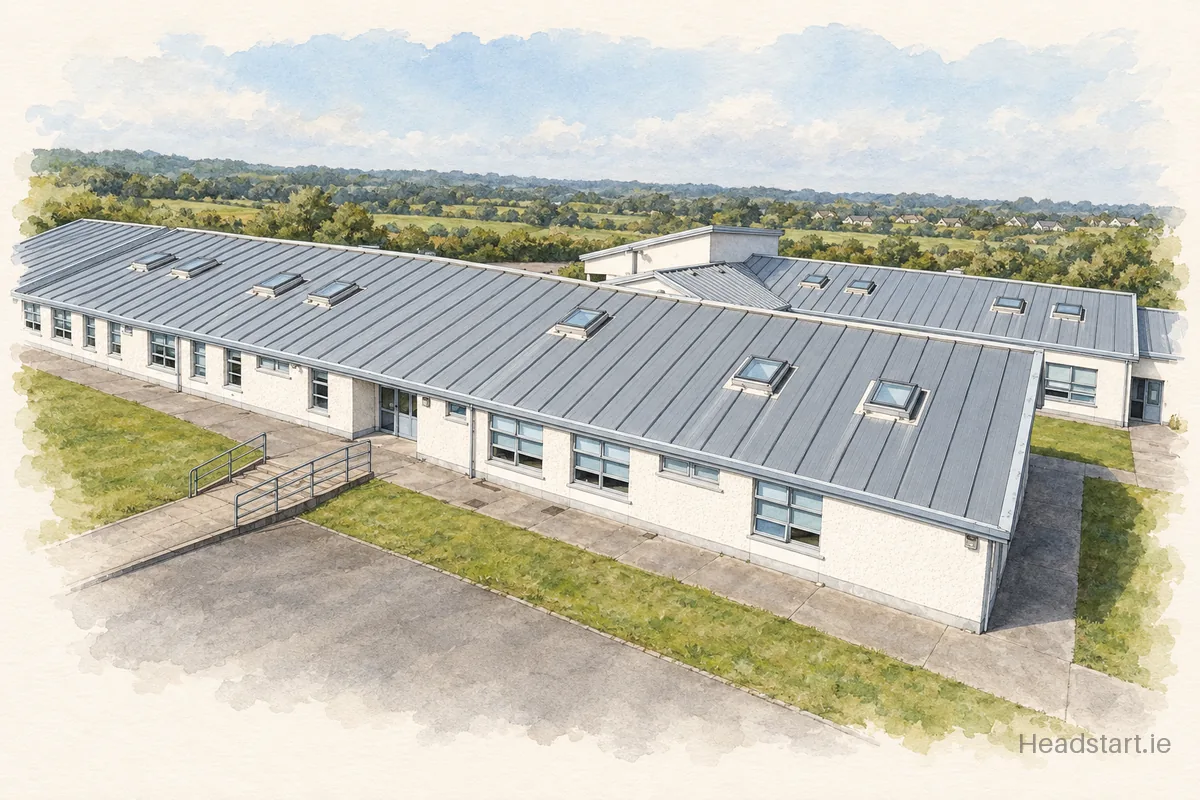 Watercolour illustration of the Scoil Iosa building, Ballyhaunis