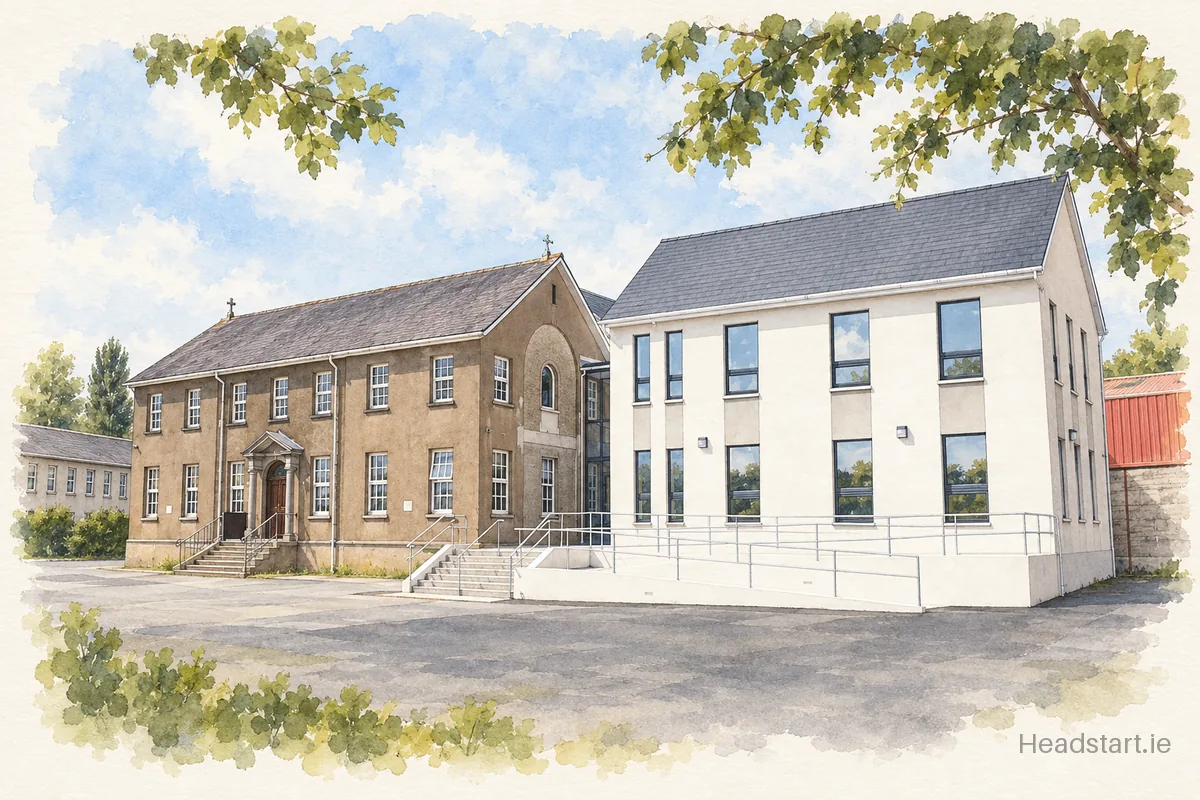 Watercolour illustration of the Waterpark National School building, Waterford