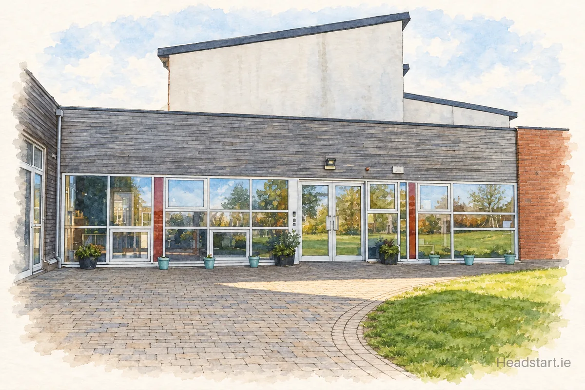 Watercolour illustration of the Swords Educate Together National School building, Swords
