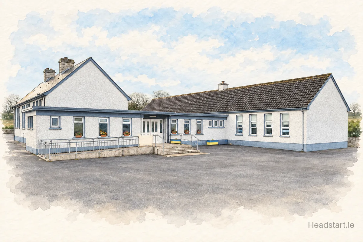 Watercolour illustration of the St Fachnan & St Attractas National School building, Ennis