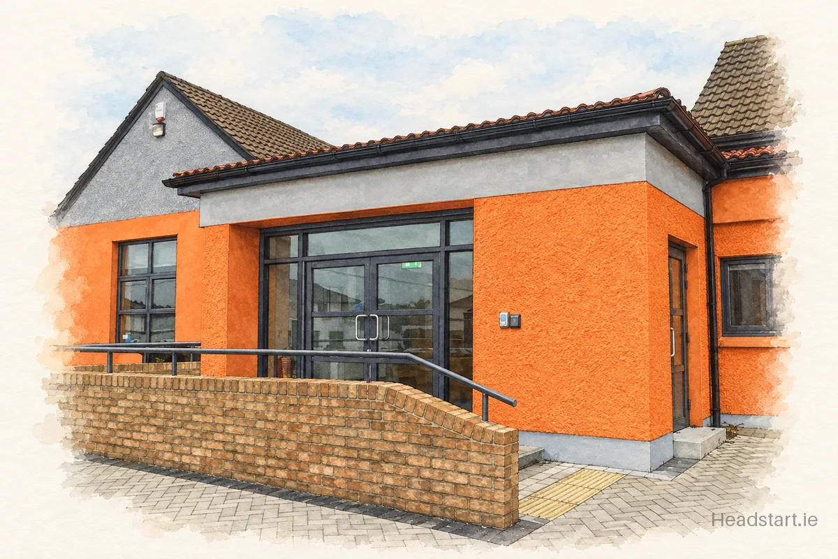 Watercolour illustration of the Holy Family National School building, Ballyshannon