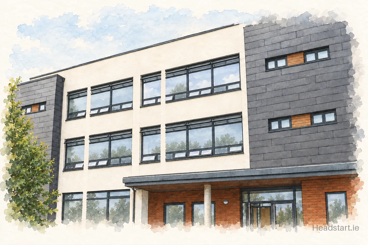 Watercolour illustration of the Waterford Educate Together National School building, Waterford