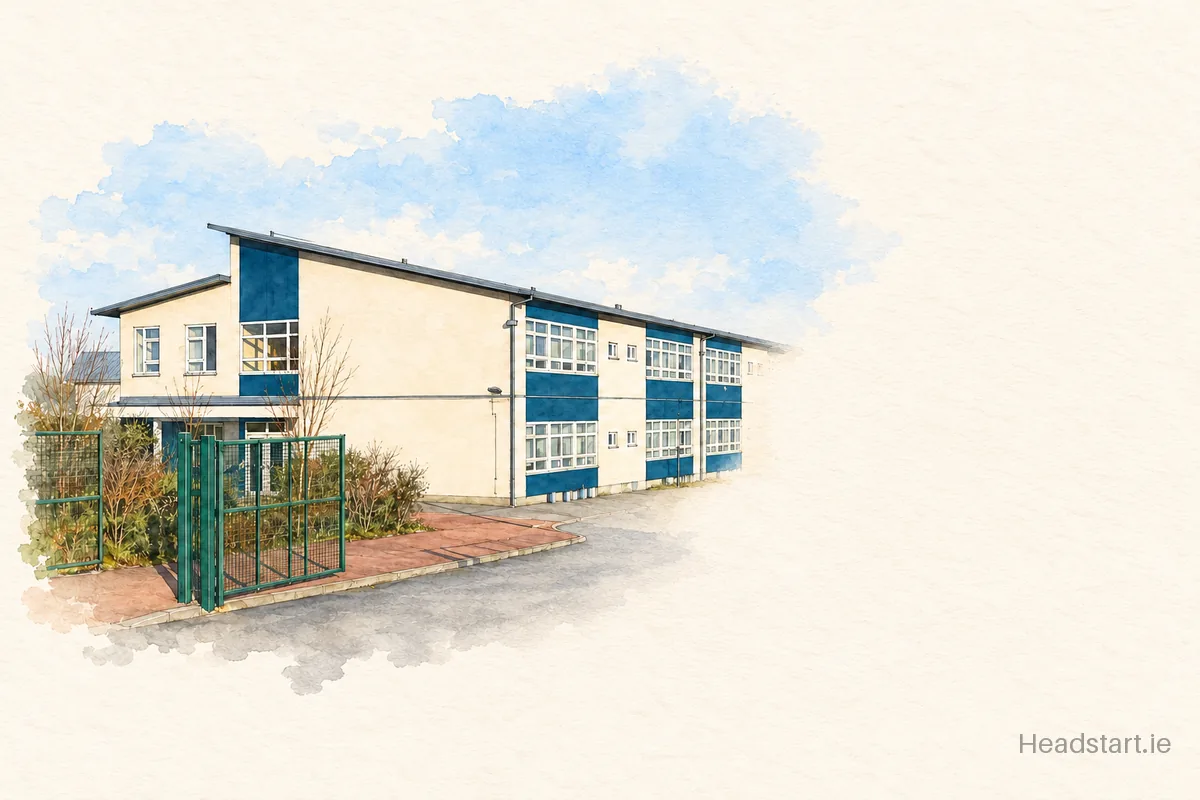 Watercolour illustration of the Gaelscoil Mhoshiolog building, Gorey