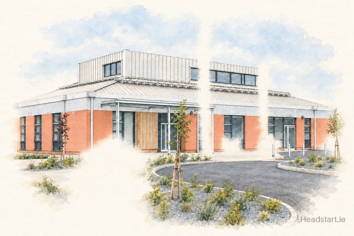 Watercolour illustration of the Ardee Educate Together National School building, Ardee