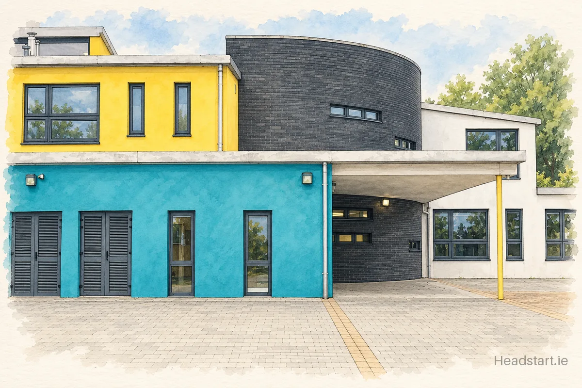 Watercolour illustration of the Limerick City East Educate Together building, Limerick