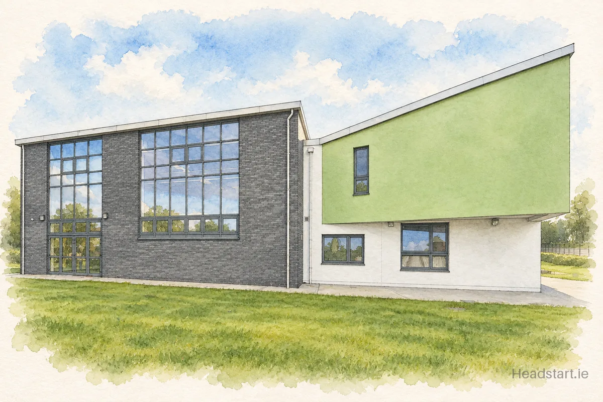 Watercolour illustration of the Gaelscoil An ráithín building, Limerick