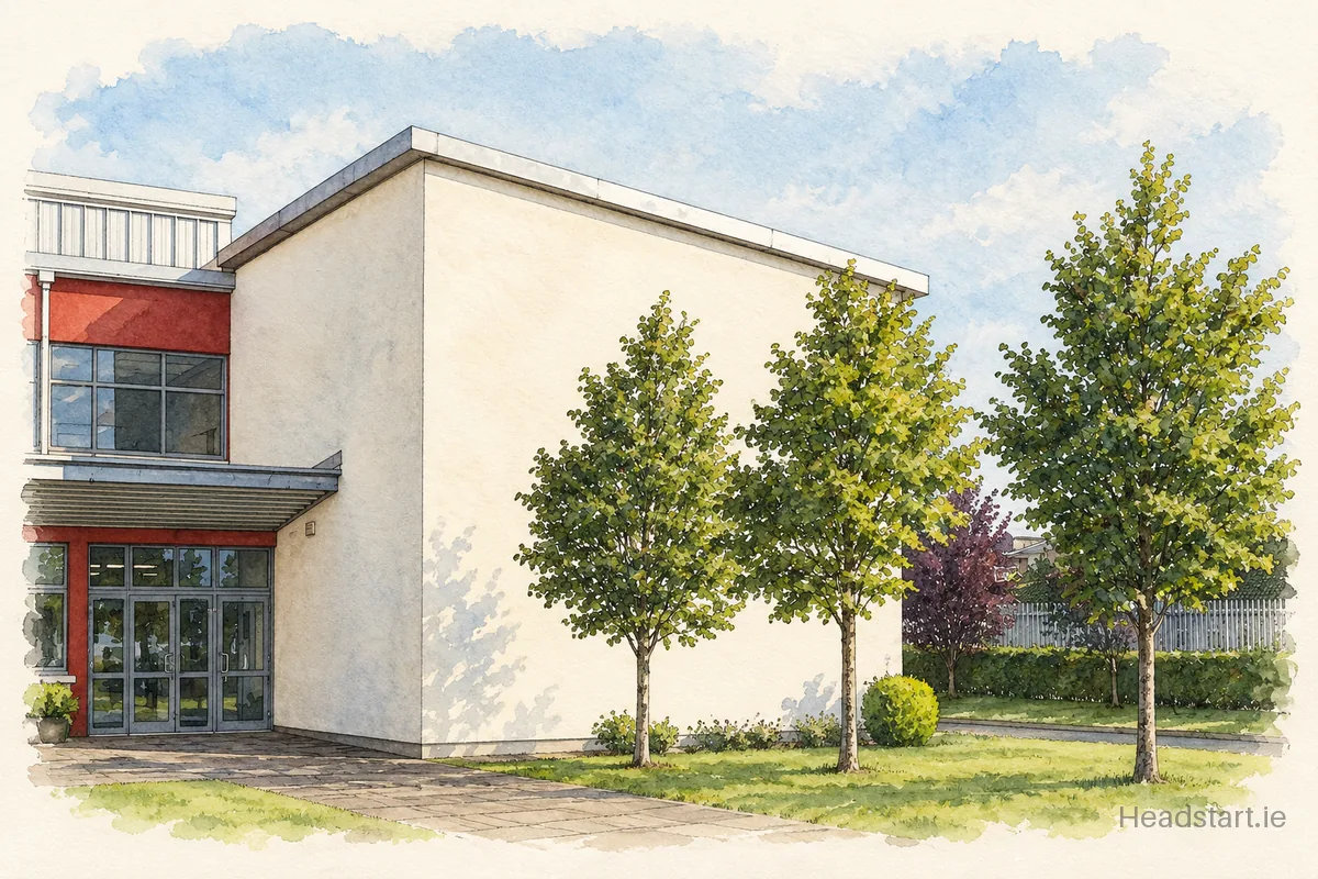 Watercolour illustration of the Divine Mercy Senior National School building, Lucan