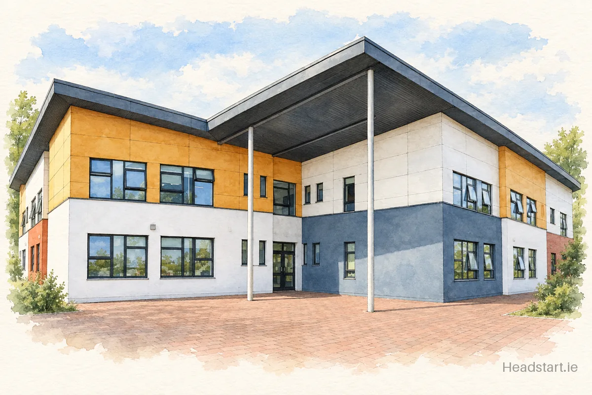 Watercolour illustration of the Mullingar Educate Together National School building, Mullingar