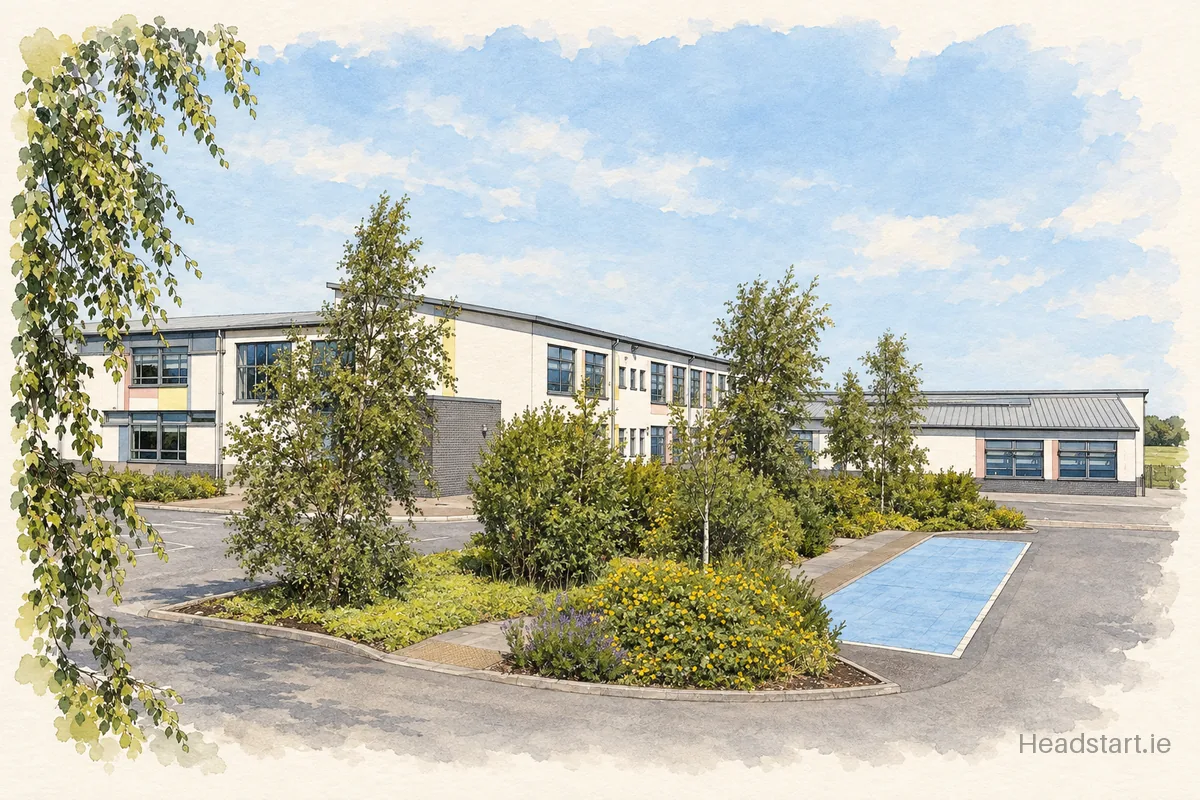 Watercolour illustration of the Tullamore Educate Together National School building, Tullamore