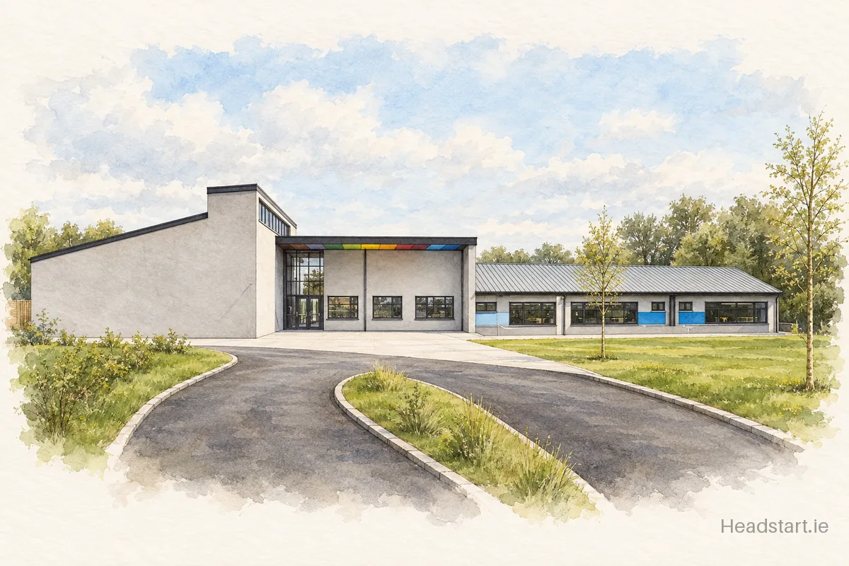 Watercolour illustration of the Scoil Chuimín & Caitríona building, Oughterard