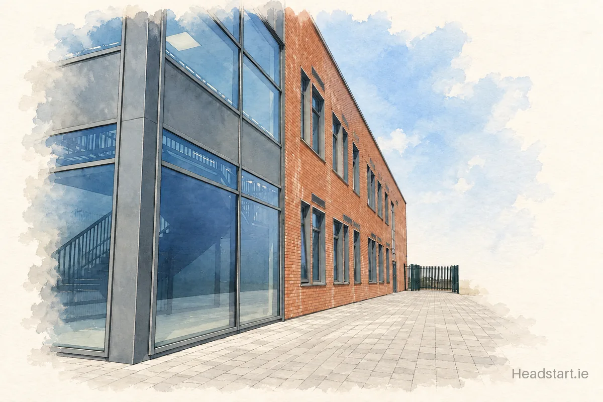 Watercolour illustration of the Tyrrelstown Educate Together National School building, Tyrellstown