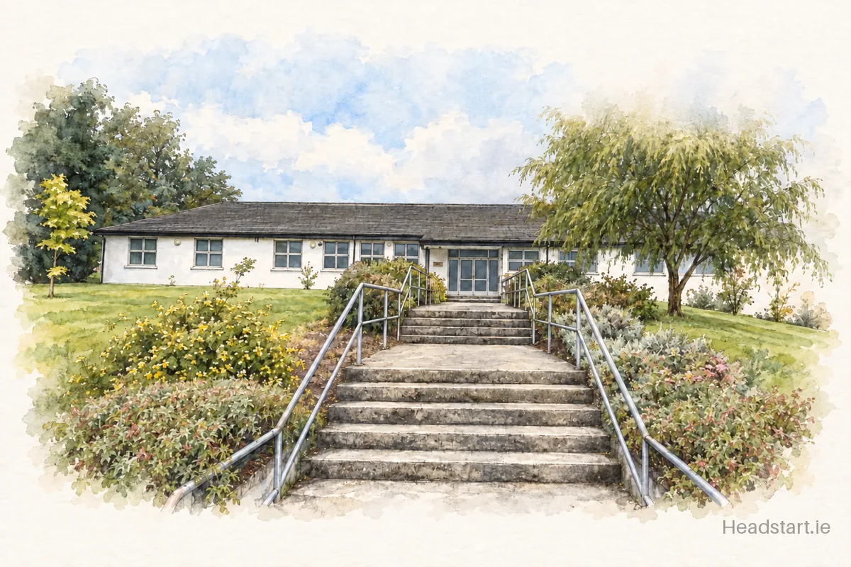 Watercolour illustration of the St. Manchan's National School building, Mohill