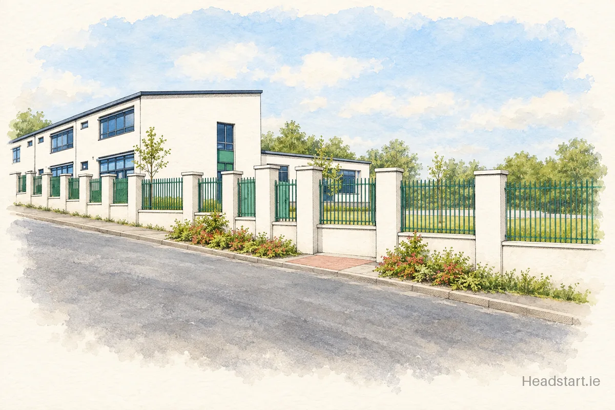 Watercolour illustration of the St Coens Primary School building, Rathnew