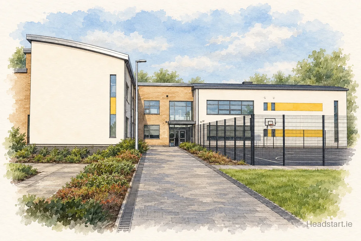 Watercolour illustration of the Gaelscoil Liatroma building, Carrick-on-Shannon