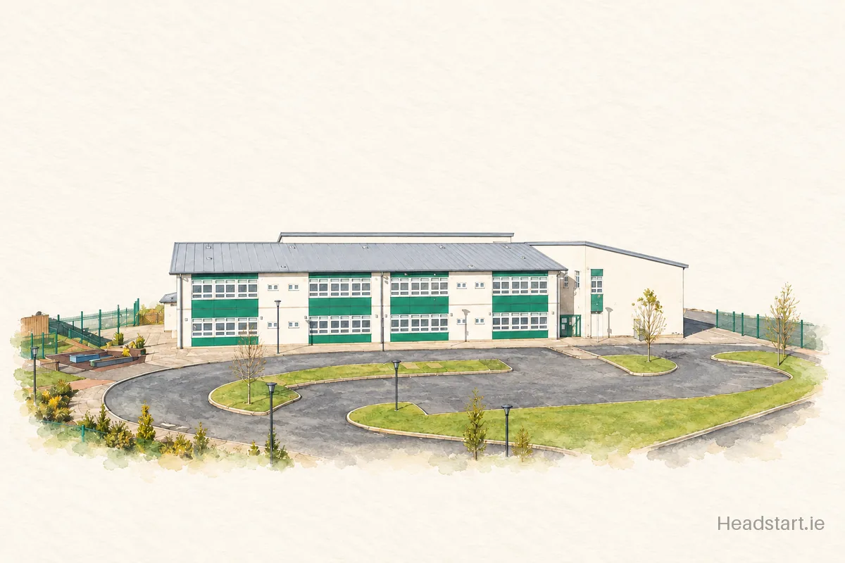 Watercolour illustration of the Gorey Educate Together National School building, Gorey
