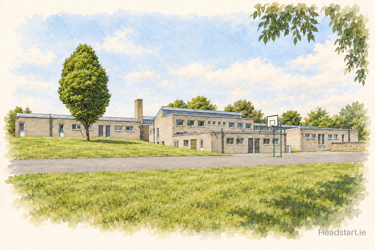 Watercolour illustration of the St Columbanus National School building, Dun Laoghaire
