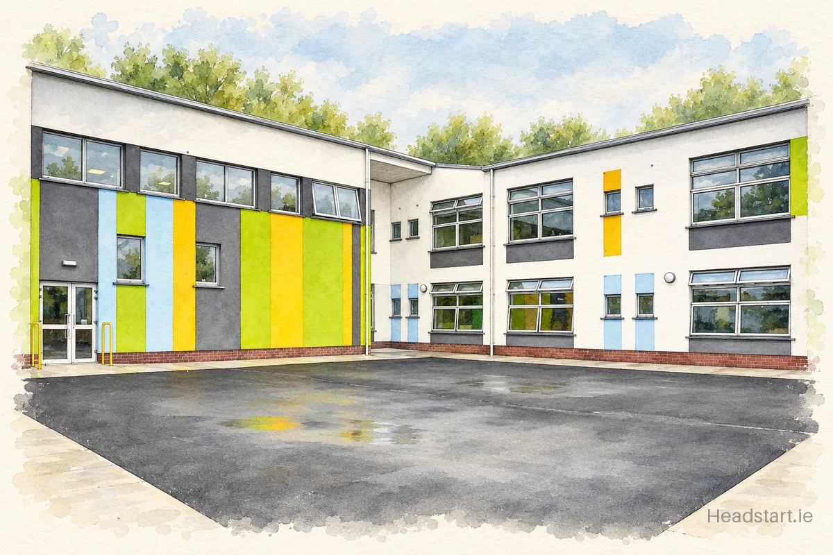 Watercolour illustration of the Gaelscoil Eiscir Riada building, Lucan