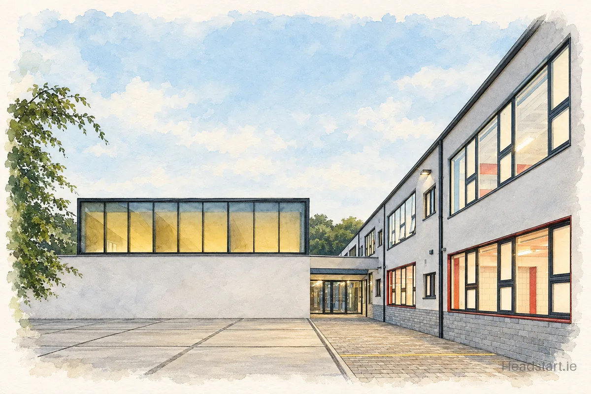 Watercolour illustration of the Scoil Phadraig building, Westport