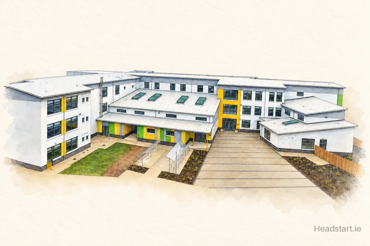 Watercolour illustration of the Letterkenny Educate Together National School building, Letterkenny