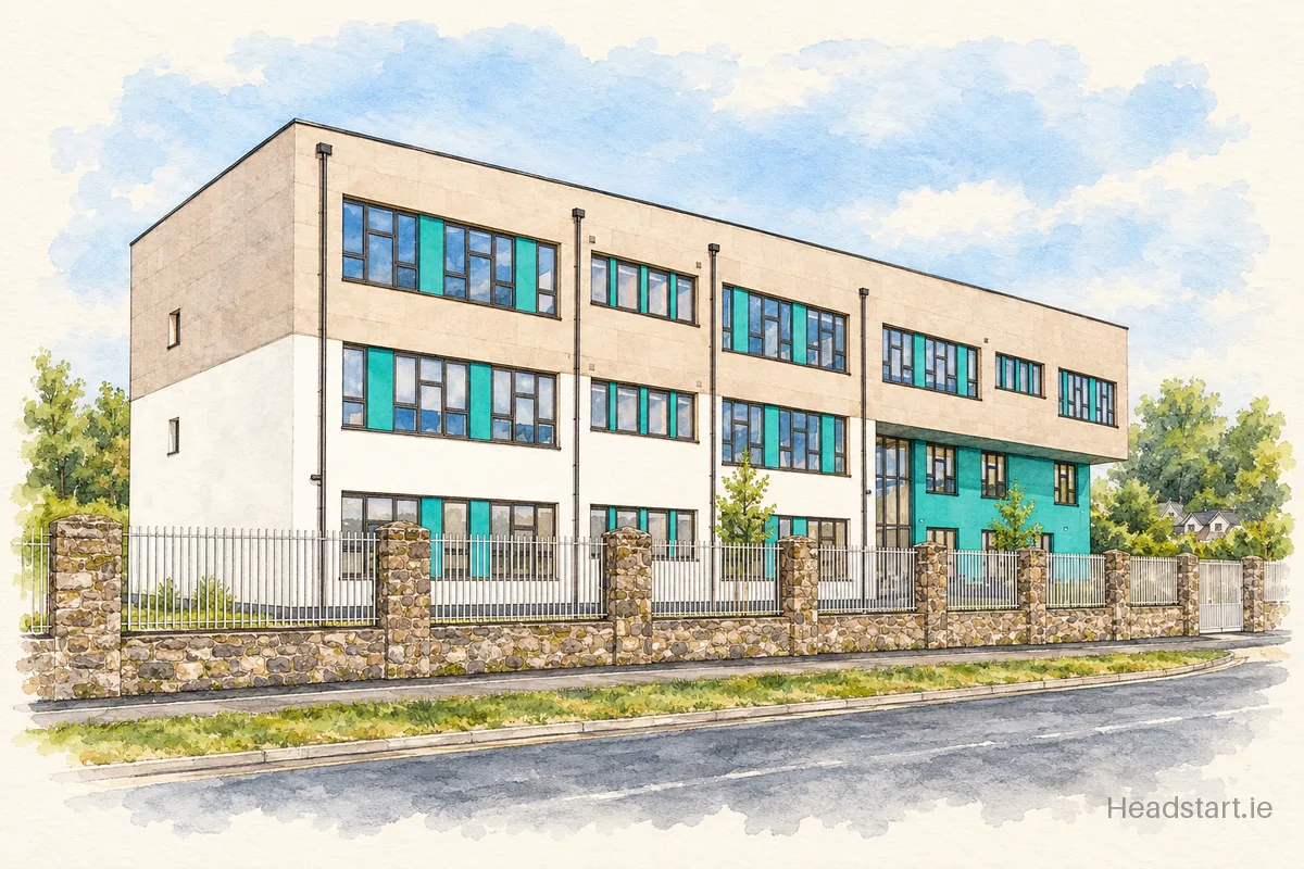 Watercolour illustration of the Gaelscoil An Choillín building, Mullingar