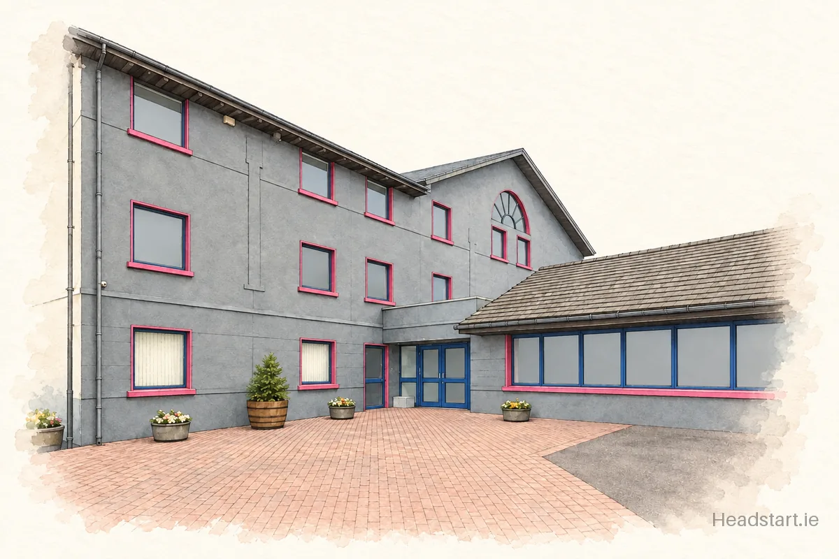 Watercolour illustration of the Gaelscoil Ui Drisceoil building, Glanmire