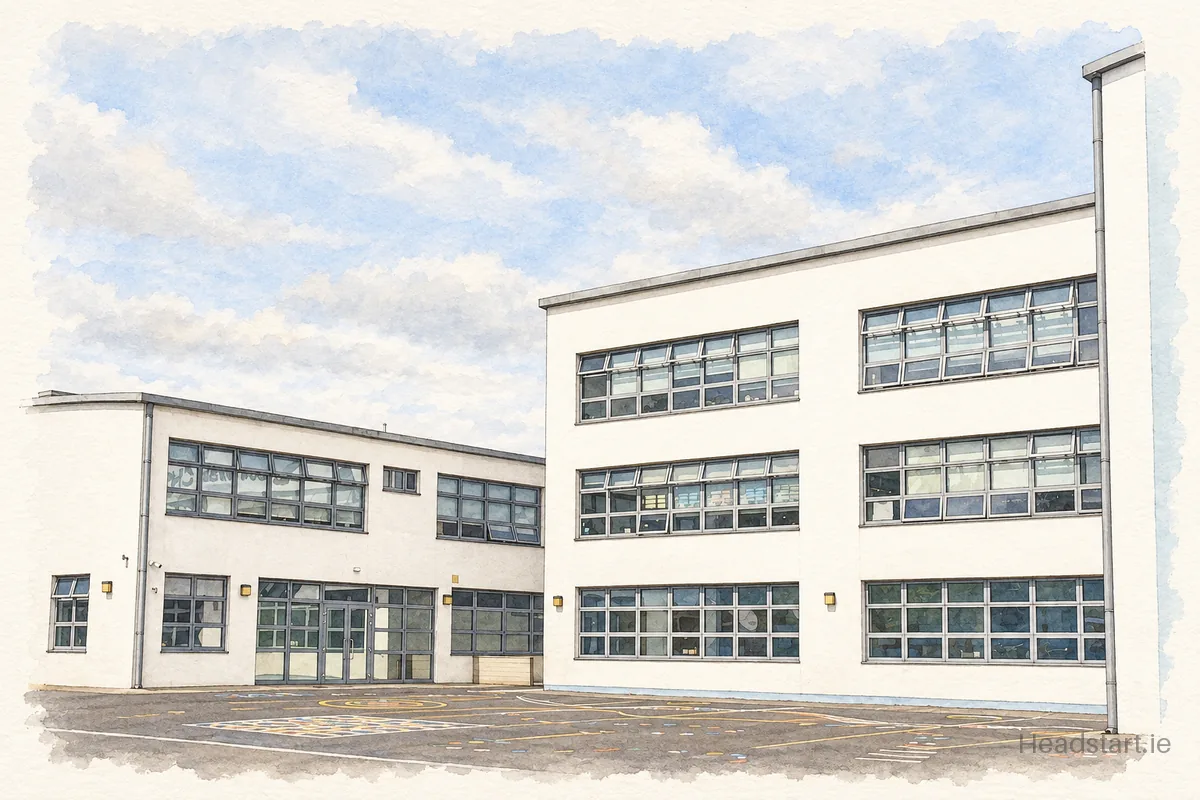 Watercolour illustration of the Scoil Ghrainne Community National School building, Clonee