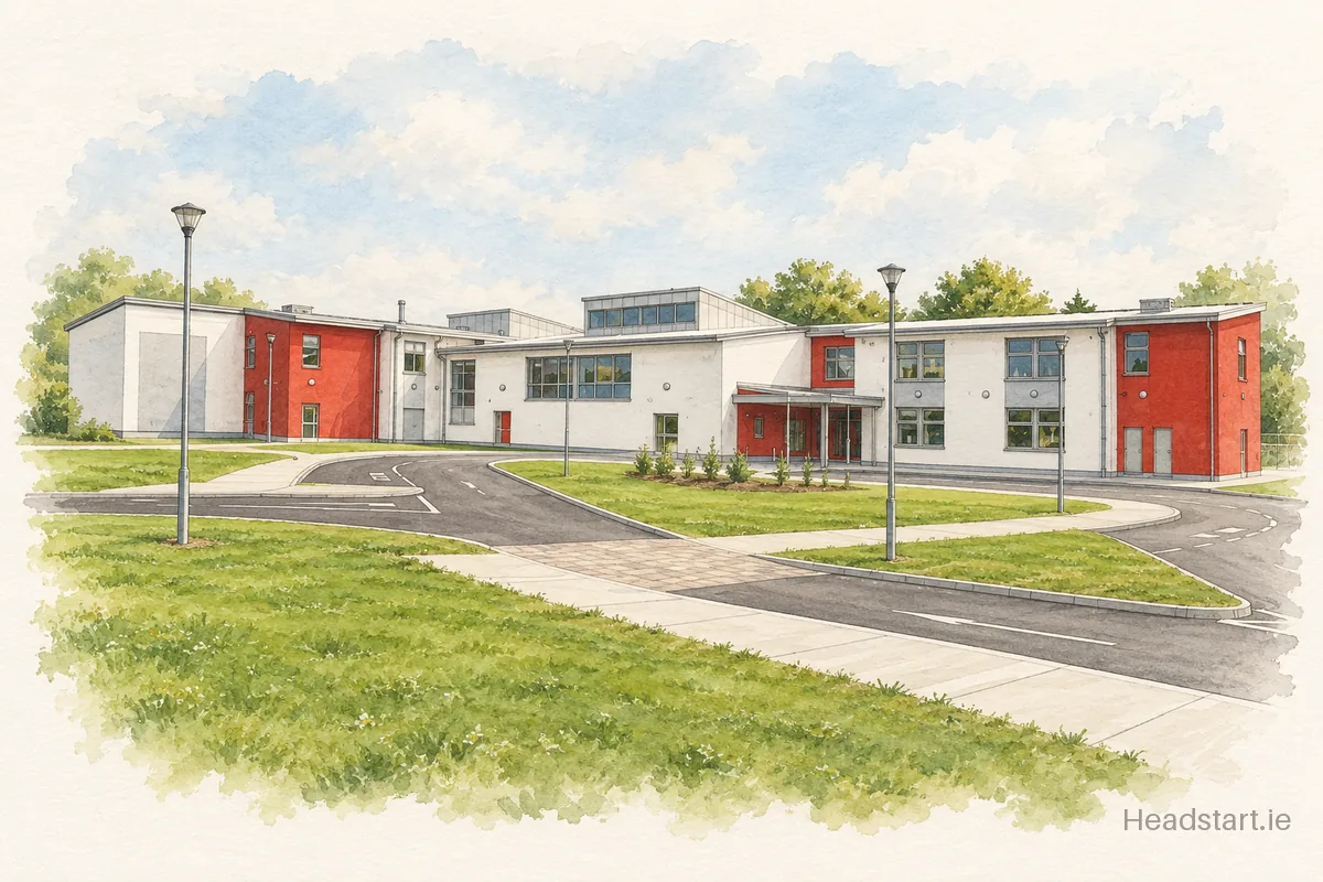 Watercolour illustration of the Bun Scoil Mcauley Rice building, Kilkenny