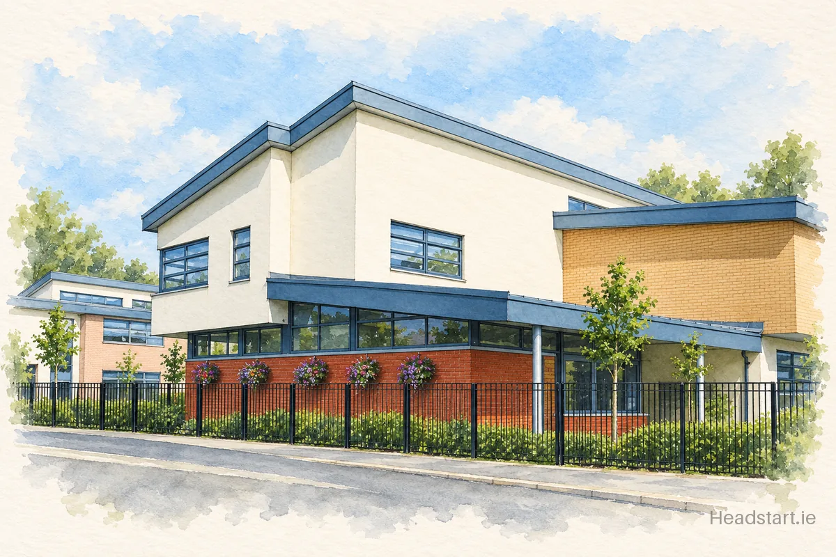 Watercolour illustration of the Adamstown Castle Educate Together National School building, Adamstown