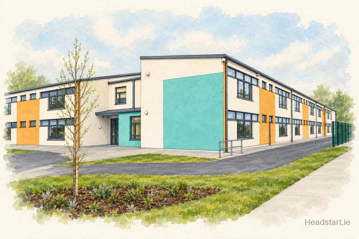 Watercolour illustration of the Scoil Na Naomh Uilig building, Newbridge