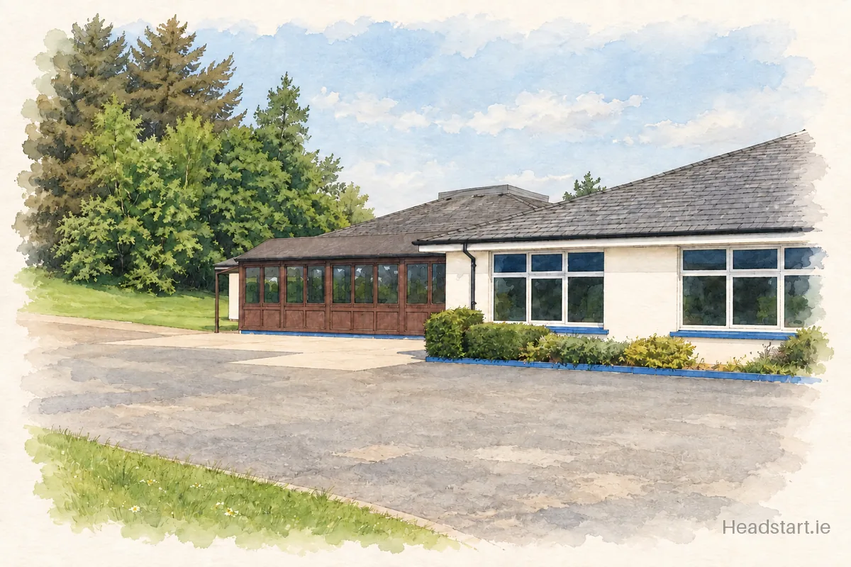 Watercolour illustration of the Newtownmountkennedy Primary School building, Newtownmountkennedy