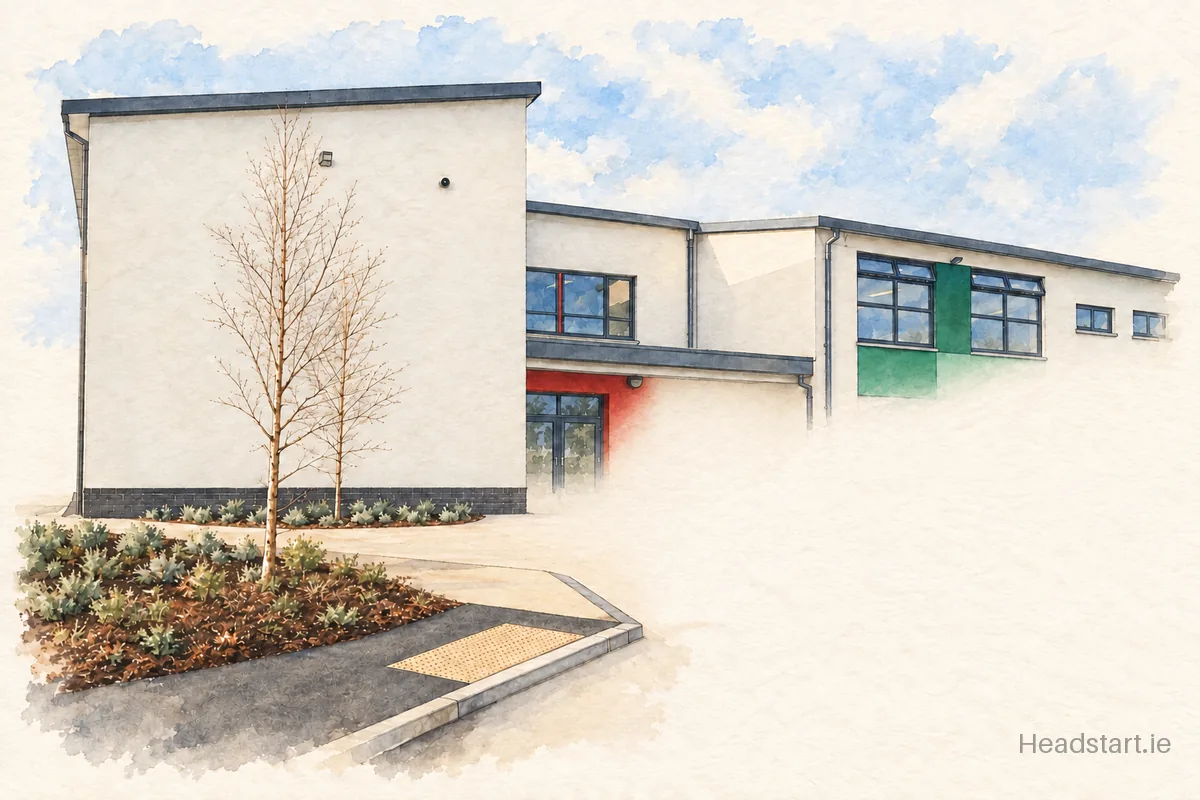 Watercolour illustration of the Carlow Educate Together National School building, Carlow