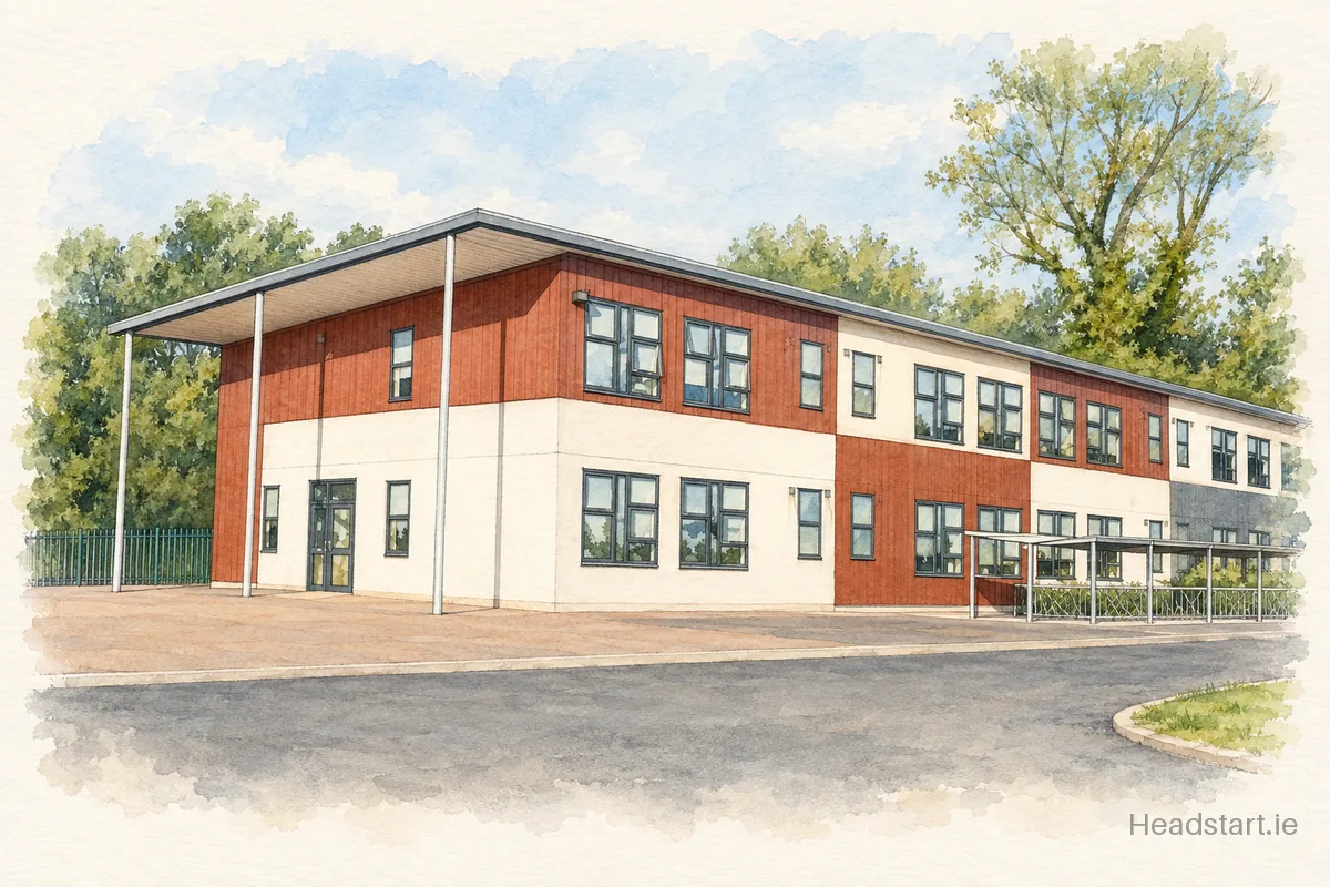 Watercolour illustration of the Gaelscoil Na Clocha Liatha building, Greystones