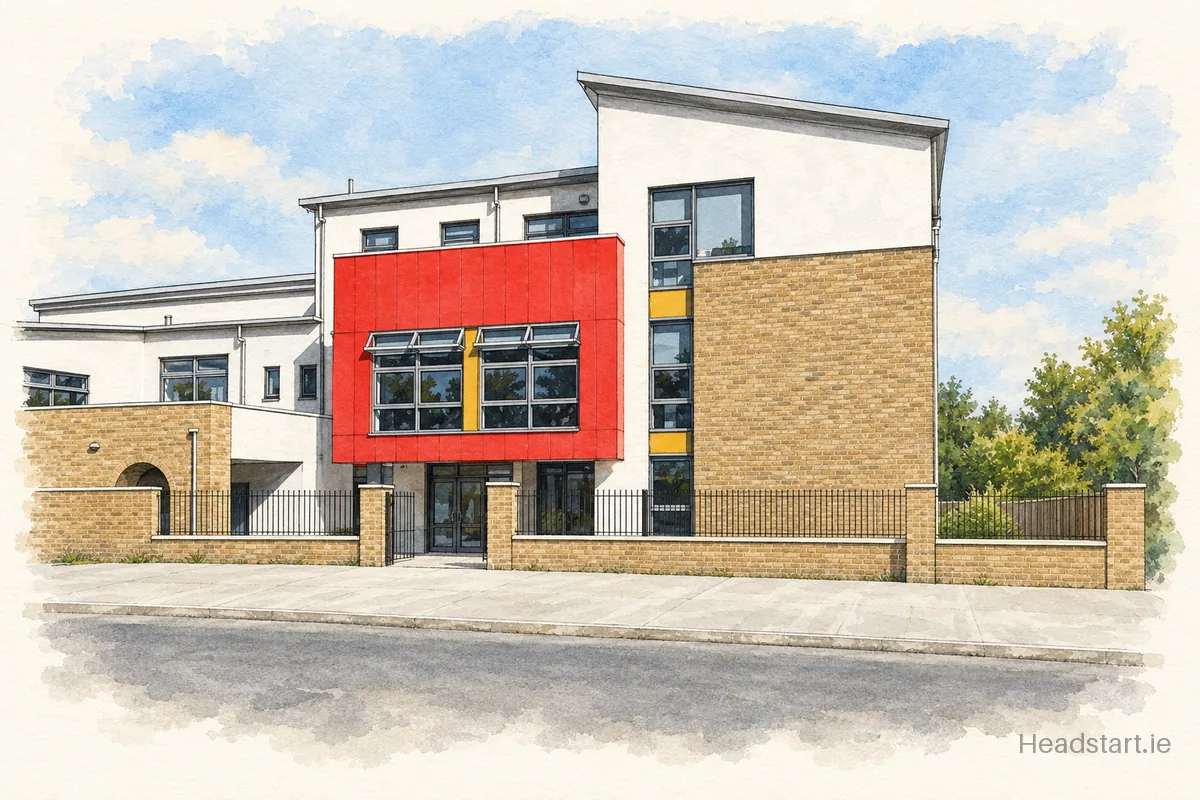 Watercolour illustration of the St Francis Of Assisi Primary School building, Balgriffin