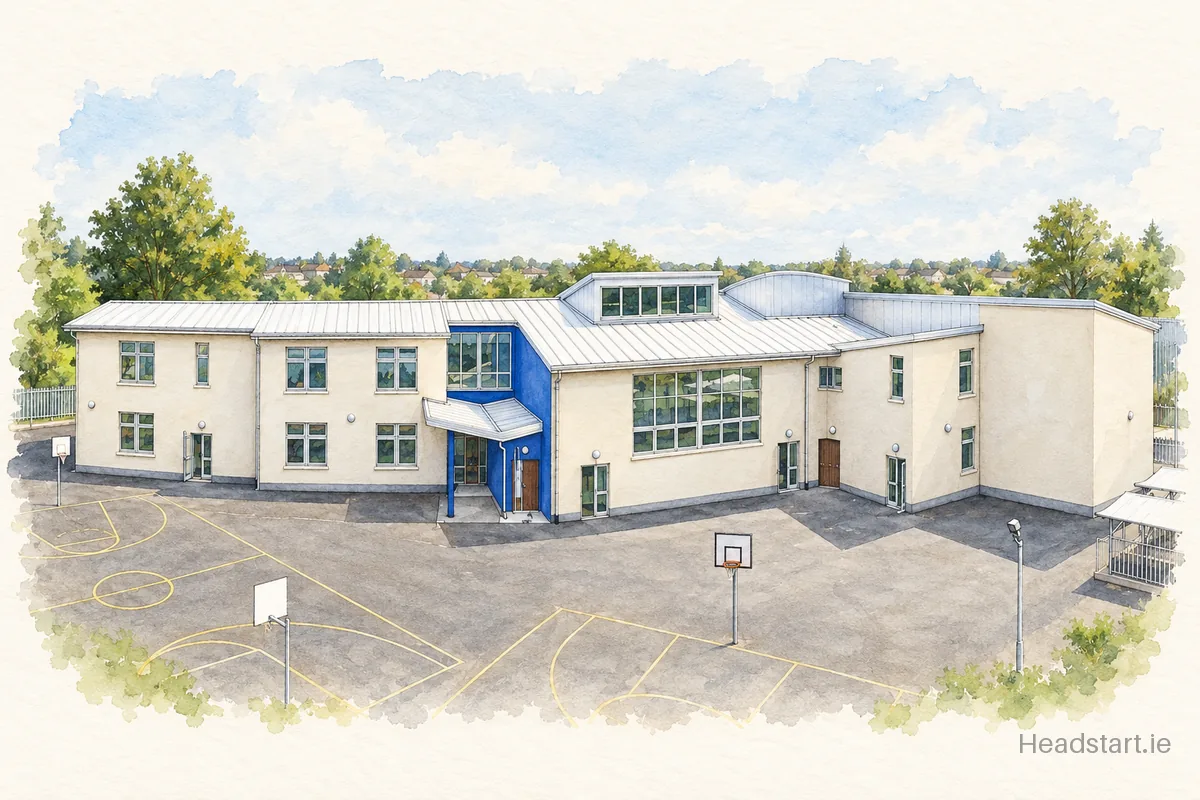Watercolour illustration of the Mary Mother Of Hope Junior National School building, Littlepace