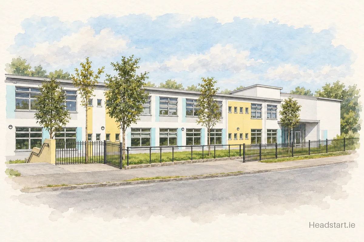 Watercolour illustration of the Carrigaline Educate Together National School building, Carrigaline