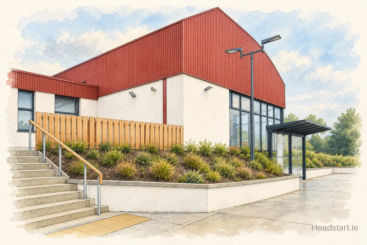 Watercolour illustration of the Gaelscoil Lorgan building, Ballybay