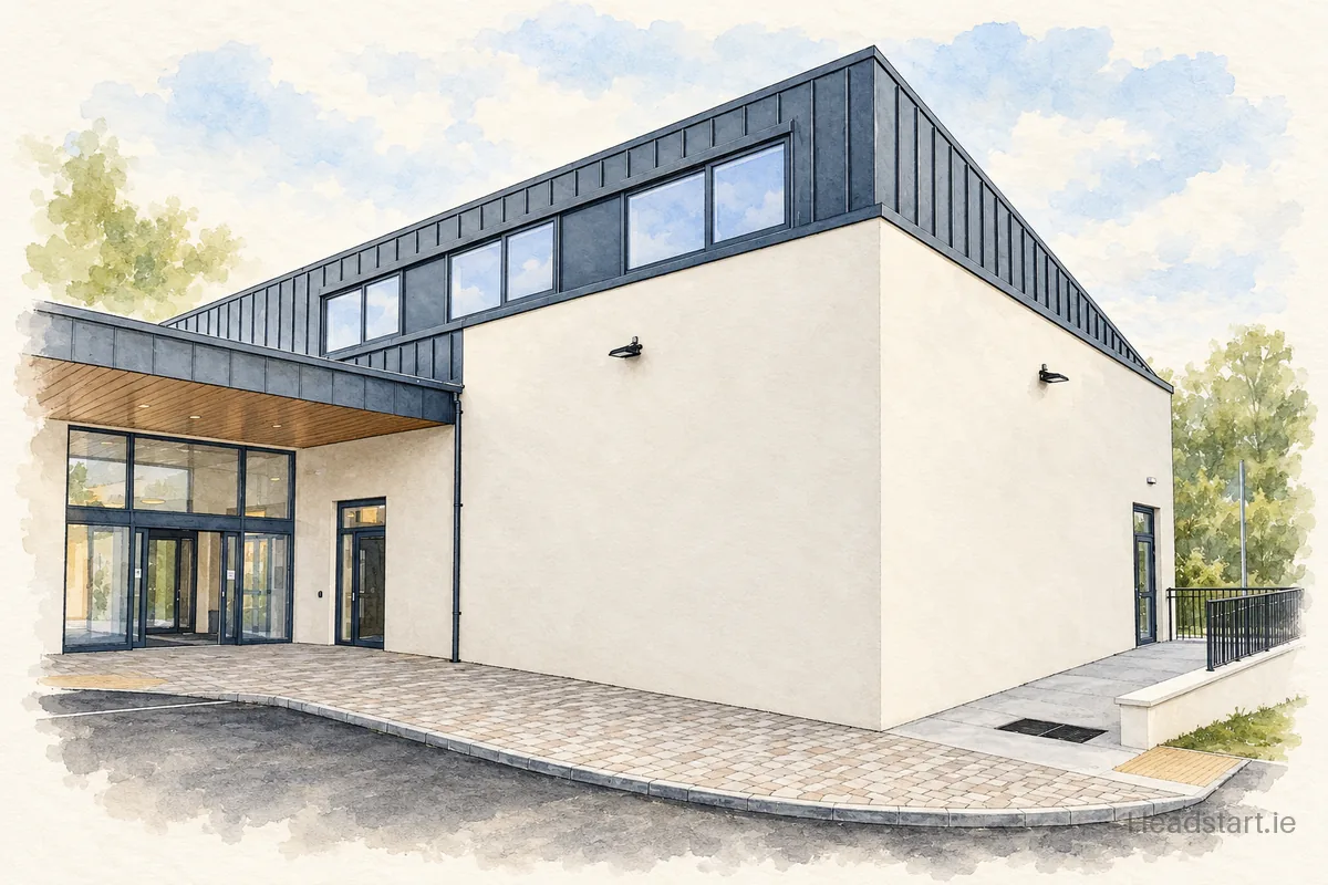Watercolour illustration of the St. Oliver's Child Education and Development Centre building, Tuam