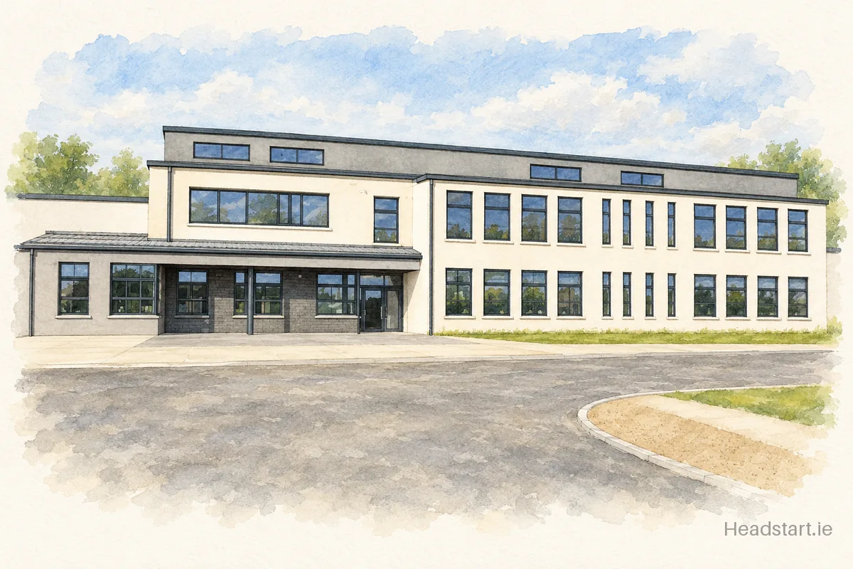 Watercolour illustration of the Gaelscoil Eadan Doire building, Éadan Doire