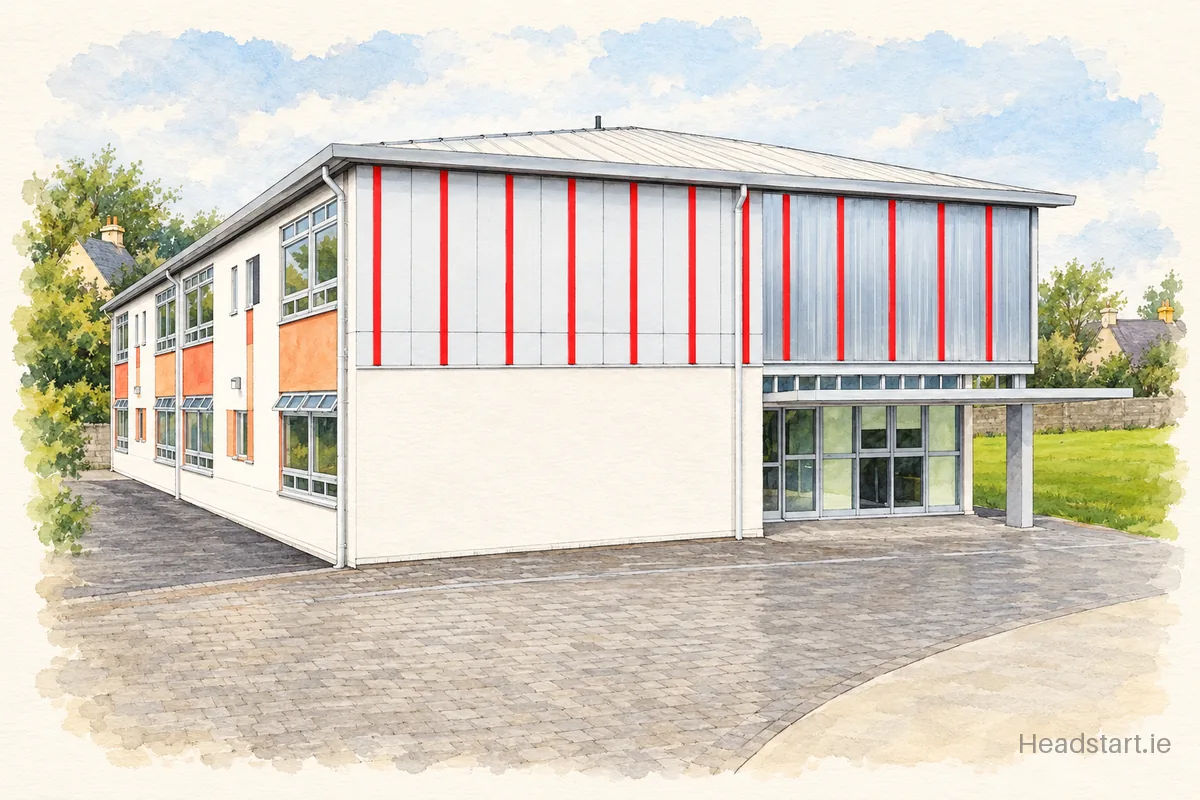 Watercolour illustration of the Scoil Phadraig Naofa building, Rochestown