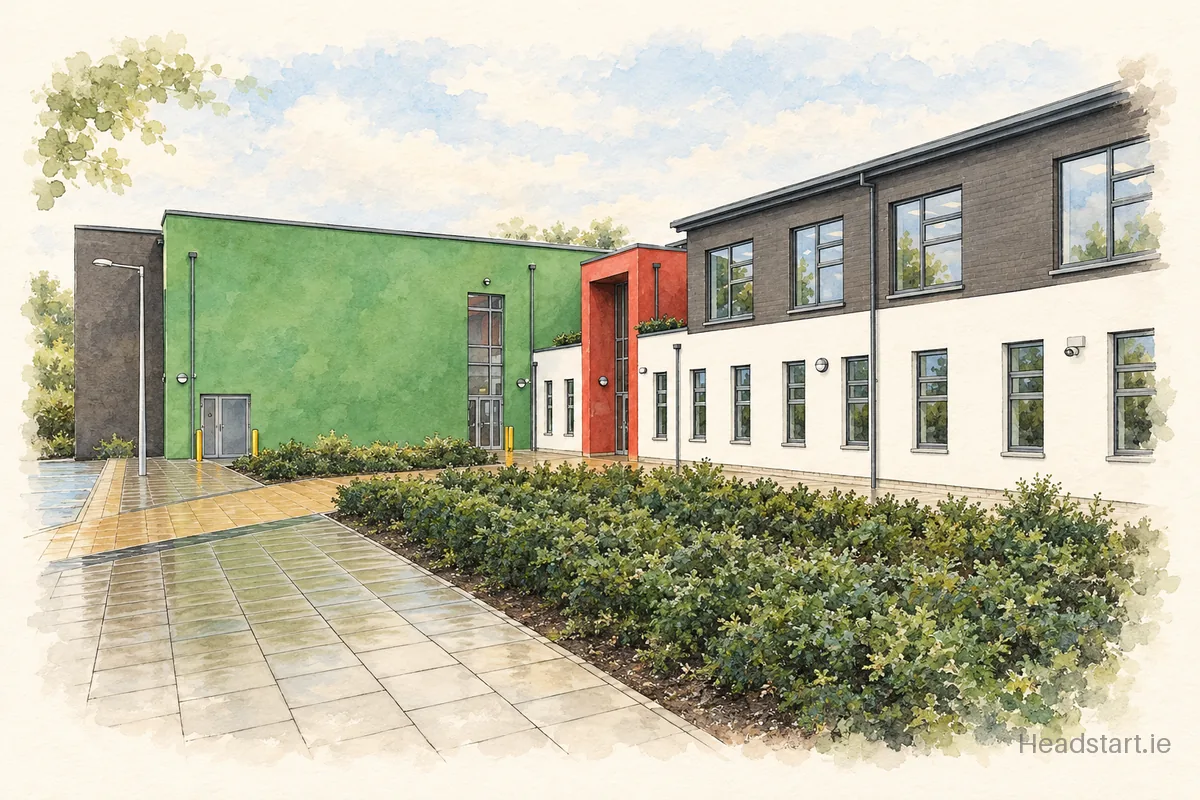 Watercolour illustration of the Midleton Educate Together National School building, Midleton