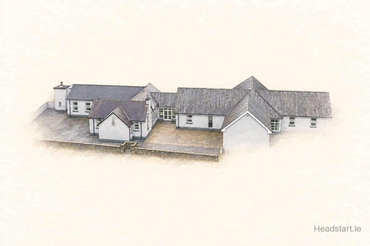 Watercolour illustration of the Edenmore National School building, Monaghan