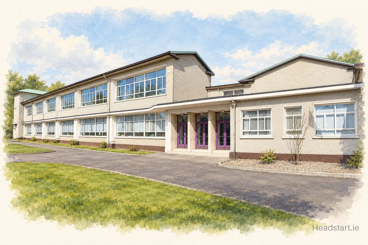 Watercolour illustration of the Realt Na Mara School building, Dundalk