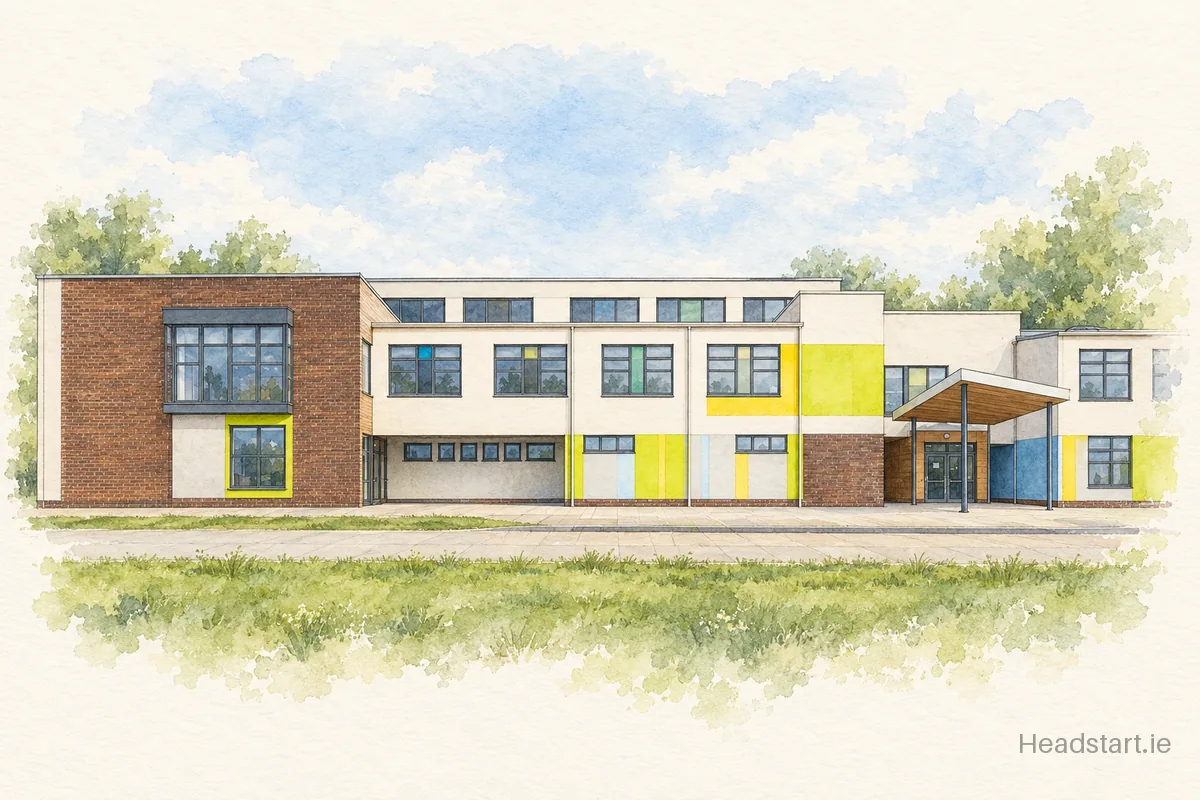Watercolour illustration of the Holywell Educate Together National School building, Swords