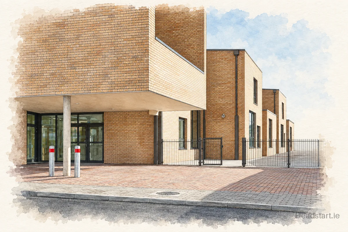 Watercolour illustration of the Merlin Woods Primary School building, Galway
