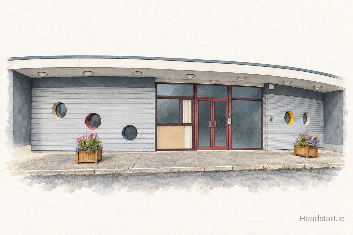 Watercolour illustration of the Ábalta Special School building, Galway