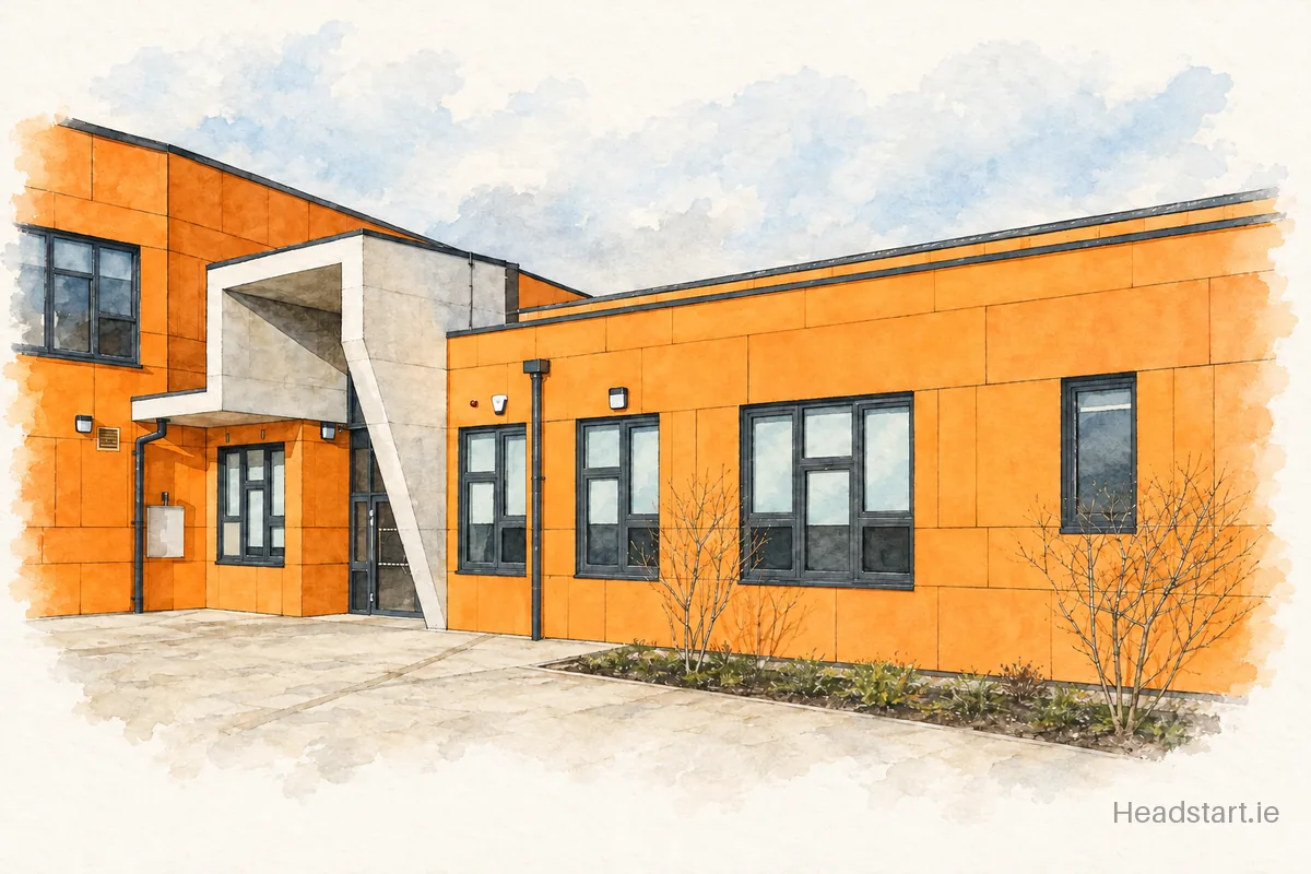 Watercolour illustration of the Saplings Special School building, Mullingar